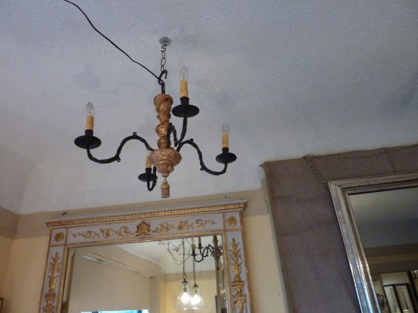 Antique Italian Iron and Giltwood Chandelier