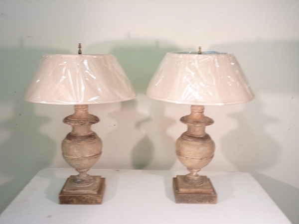 Pair Wooden Urn Lamps