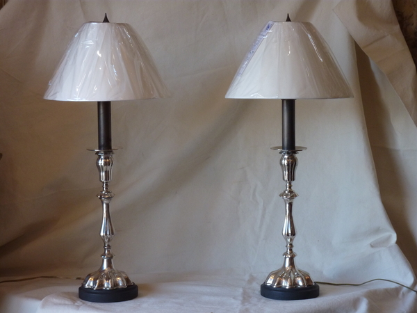 Pair Silvered Candlestick Lamps