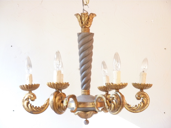 French Iron and Wood Chandelier