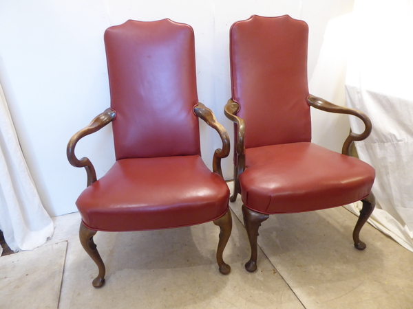 Pair Queen Anne Leather Armchairs