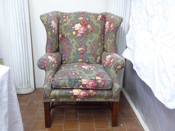 Mahogany Chintz Upholstered Wingback Chair
