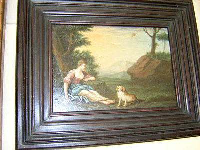 Dated 1806 pair of oil on wood panel pastoral landscape paintings by Germain