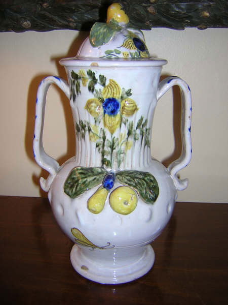 Italian Majolica Hand Painted and Sculpted Covered Jar