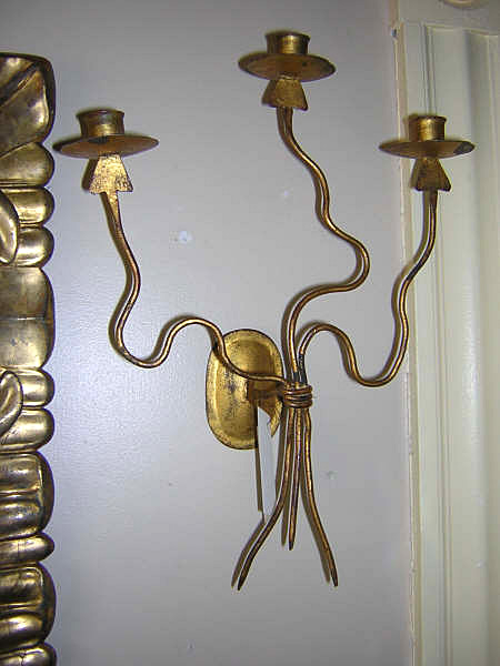Modern Pair of Patinated Gold Three Arm Iron Sconces
