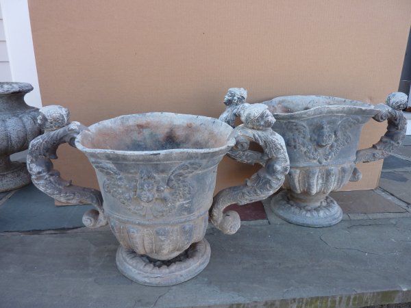 Pair of Antique English Lead Garden Urns