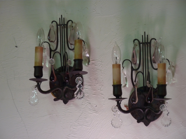 Pair Bronze Lyre Sconces