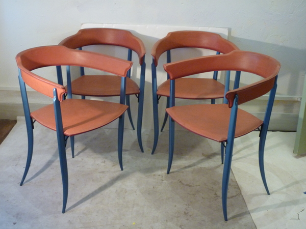 Set of Four Leather and Metal Armchairs