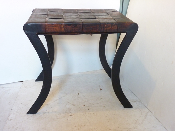 Woven Leather and Iron Bench