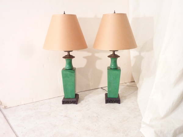 Pair Antique Chinese Green Crackle Glaze Lamps