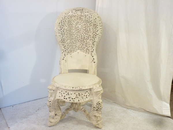 Indian Carved Whitewashed Slipper Chair
