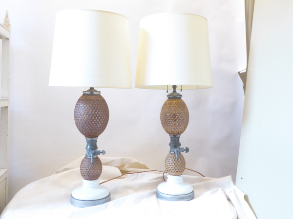 Antique French Cane Wrapped Seltzer Bottle Lamps