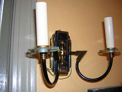 20th century pair black enamel brass and glass sconces