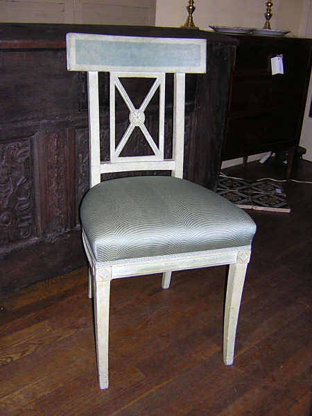 set of 6 French Directoire style green painted chairs