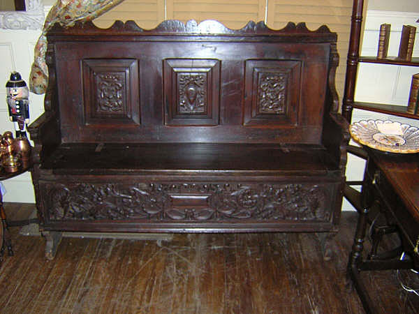 19th Century Continental Oak Carved Hall Bench
