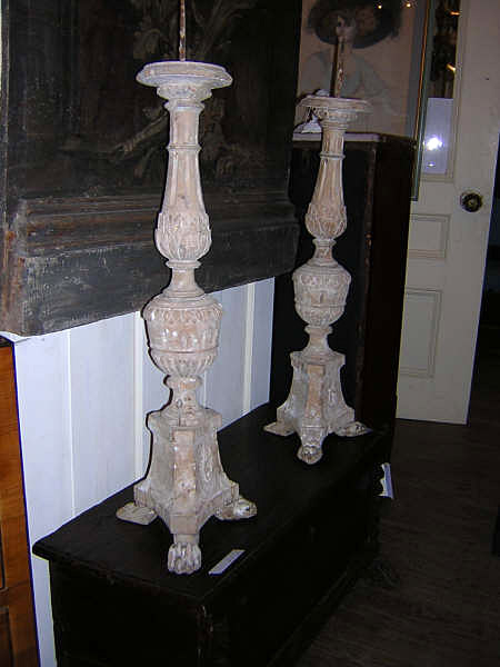 19th Century Italian Pair Carved Wood Candlesticks