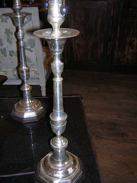 18th Century Pair French Silvered Bronze Candlestick Lamps