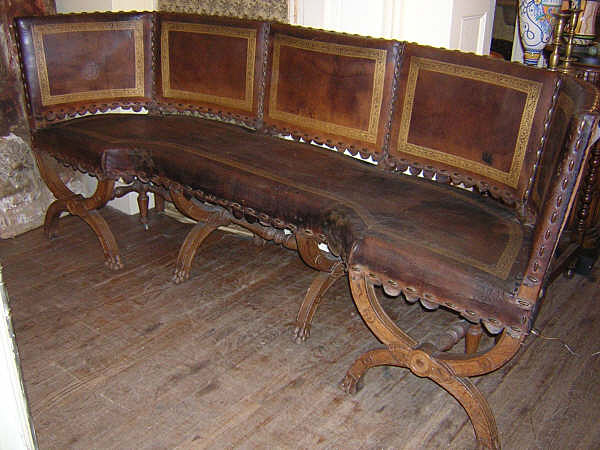 Antique Continental Tooled Leather Covered Curved Bench